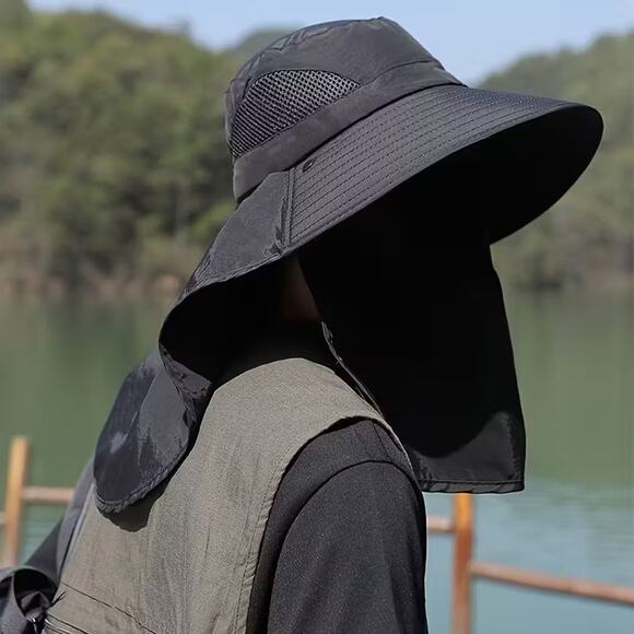 Wide Brim Unisex UV Protection Breathable Sun Hat w/ Neck Flap & Face Cover - Picture 1 of 4